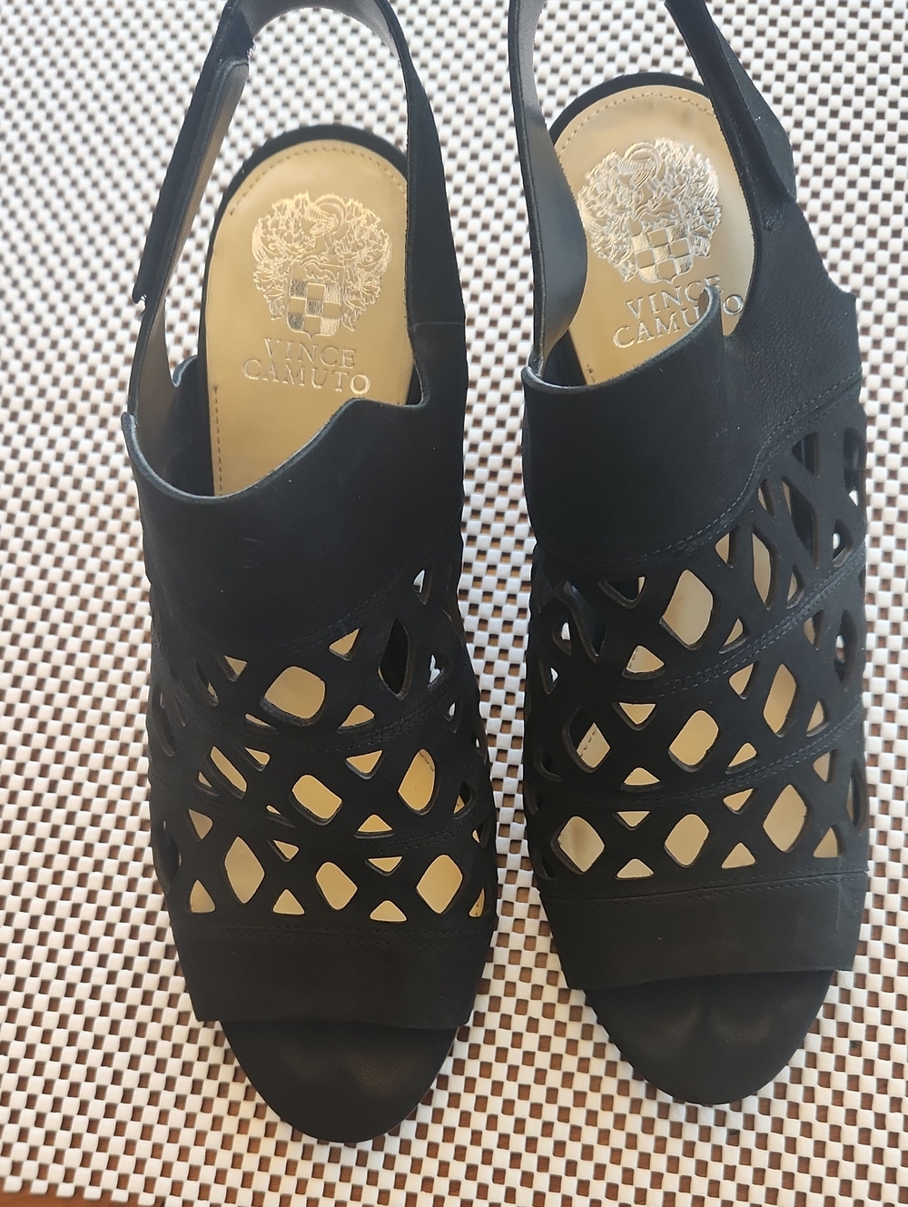 Vince Camuto Black Laser-Cut Peep-Toe Slingbacks